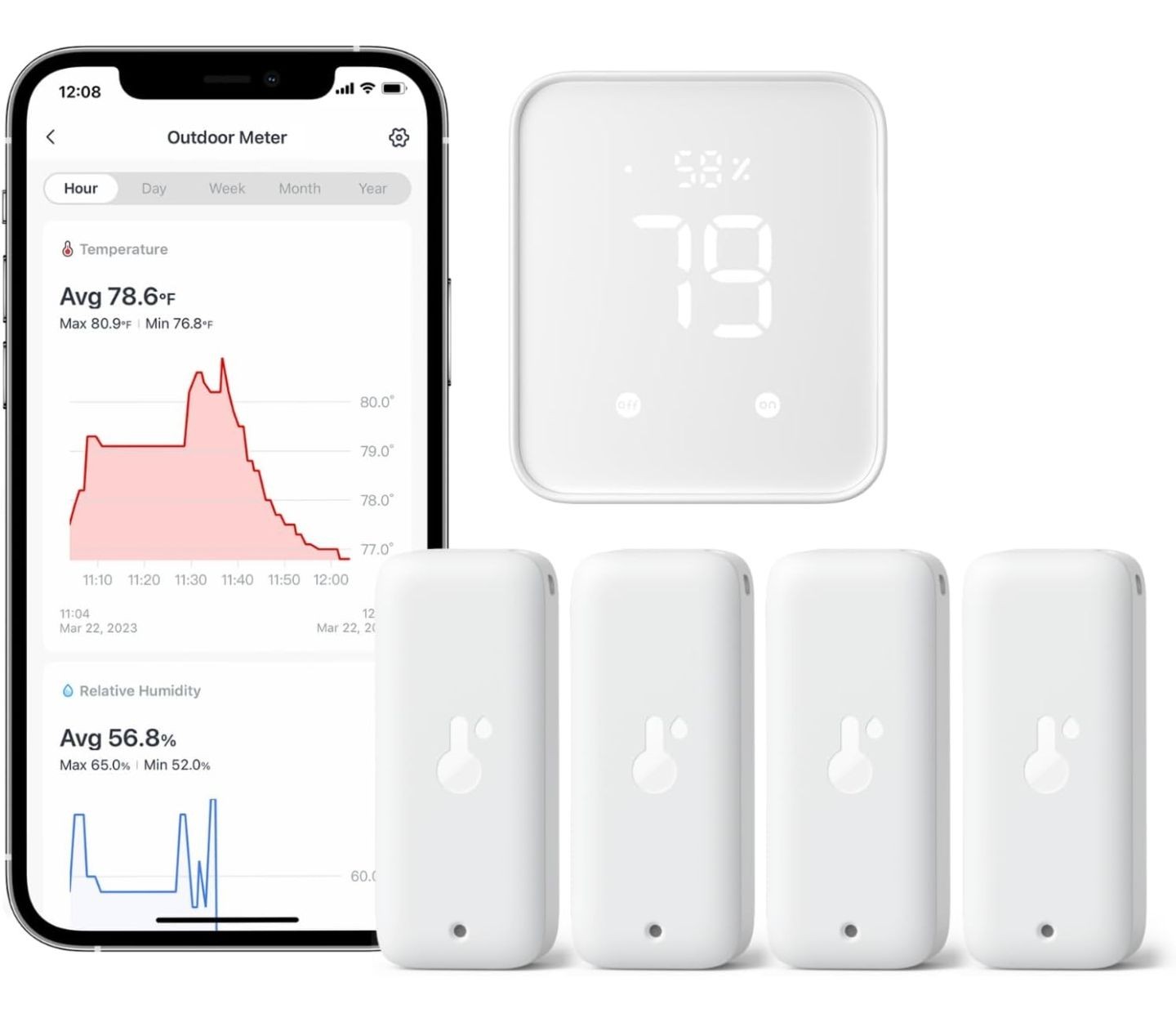 Smartphone displaying temperature and humidity data, alongside a digital thermostat and four white sensor devices.