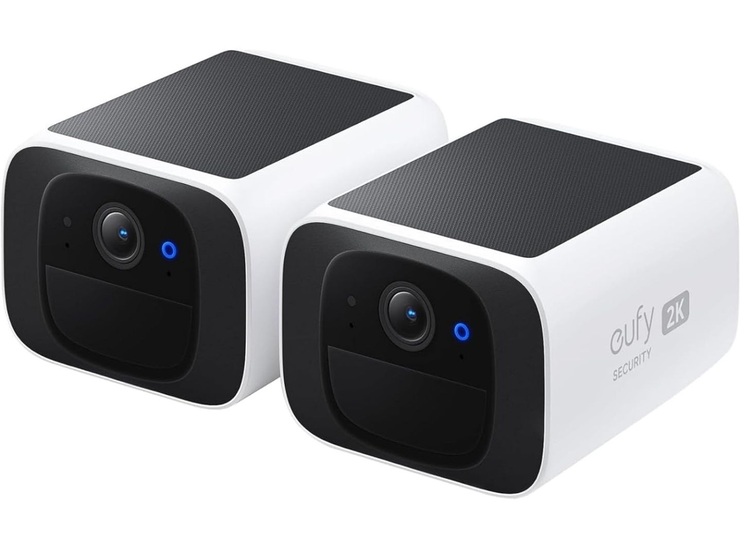 Two white Eufy 2K security cameras with black fronts and blue indicator lights.