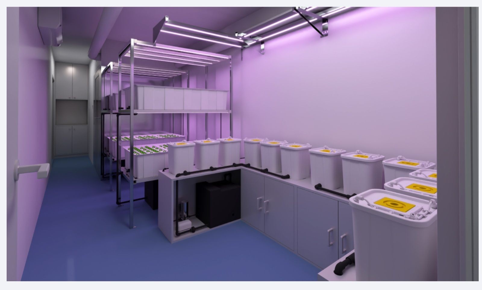 Modern laboratory room with white storage containers, large metal racks, and purple lighting.