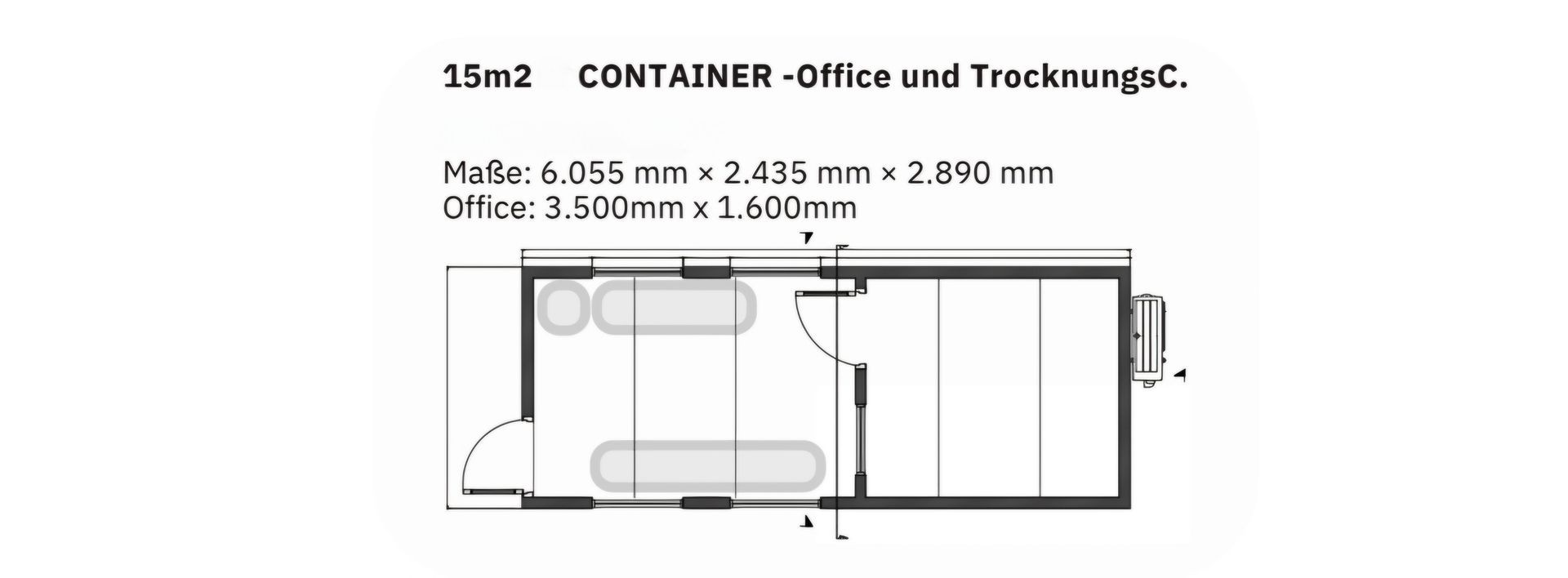 Floor plan of a 15m2 container office and drying room with specified dimensions.