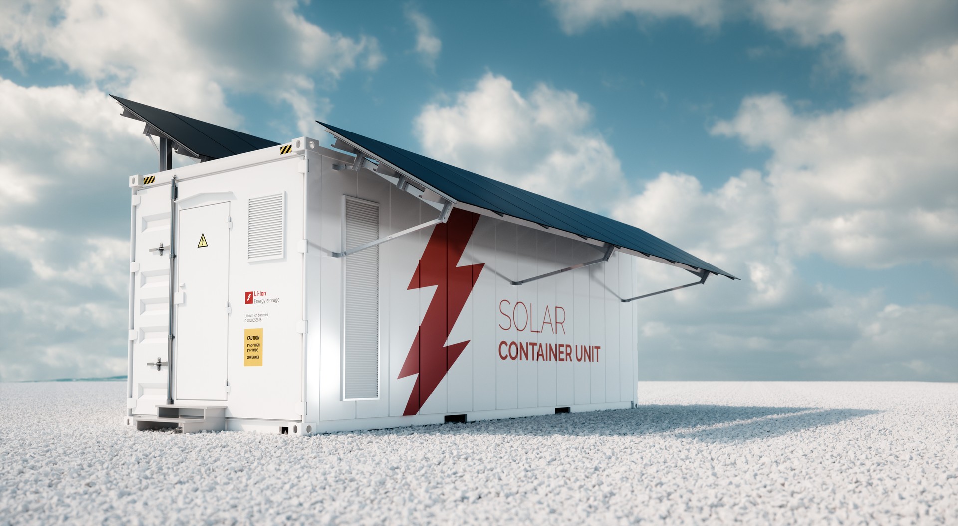 Solar container unit. 3d rendering concept of a white industrial battery energy storage container with mounted black solar panels situated on white gravel in empty landscape in sunny weather.